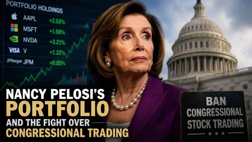 Nancy Pelosi in front of the U.S. Capitol, alongside stock market data and a sign calling for a ban on congressional stock trading.